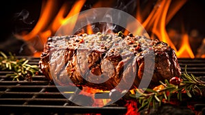 Grilled beef steak s and on a grill with flames under, AI Generated