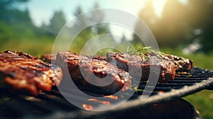 Grilled beef steak with spices in the backyard, creating a summer picnic scene