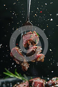 Grilled beef steak with spices on a black background.