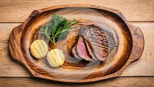 grilled beef steak on wooden board. Grilled meat barbecue steak on wooden cutting board with rosemary and copy space