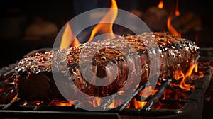 Grilled beef steaks with herbs and spices on a barbecue grill