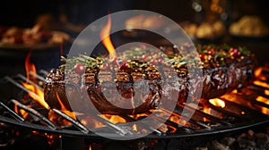 Grilled beef steaks with herbs and spices on a barbecue grill