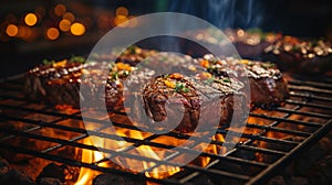 Grilled beef steaks with herbs and spices on a barbecue grill