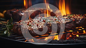 Grilled beef steaks with herbs and spices on a barbecue grill