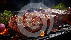 Grilled beef steaks with herbs and spices on a barbecue grill
