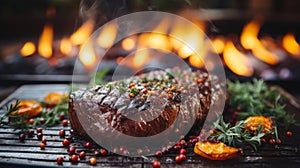 Grilled beef steaks with herbs and spices on a barbecue grill