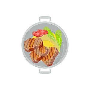 Grilled Beef Steaks With Side Of Mashed Potatoes And Fresh Tomato Vector Illustration Of Food Cooked On Grill Cafe Menu