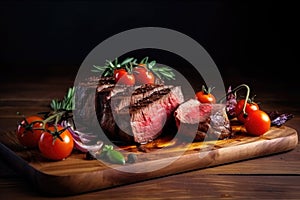 Grilled beef steaks with tomatoes,spices and herbs on cutting board and black background. Ai generative