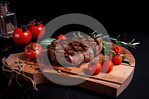 Grilled beef steaks with tomatoes,spices and herbs on cutting board and black background. Ai generative