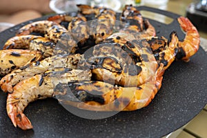 Grilled big river prawns or shrimps delicious grilled shrimps served on plate top view