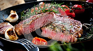 Grilled Black Angus Steak Striploin on frying cast iron Grill pan on dark background.