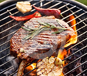 Grilled bone-in pork chop, pork steak, tomahawk in spicy marinade on a flaming grill
