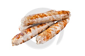 Grilled Bratwurst pork meat sausages Isolated on white background, top view.