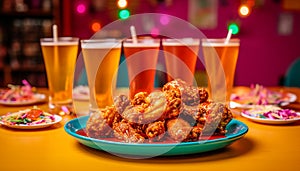 Grilled buffalo chicken wings, savory dip, and refreshing beer celebration generated by AI