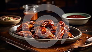 Grilled buffalo chicken wings, spicy dip, rustic pub lunch plate generated by AI