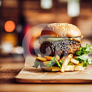 Grilled burger on blurred background