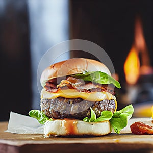 Grilled burger on blurred background