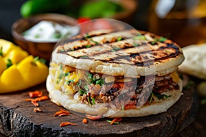 Grilled burger with vegetables and sauce on wooden board. Generative AI