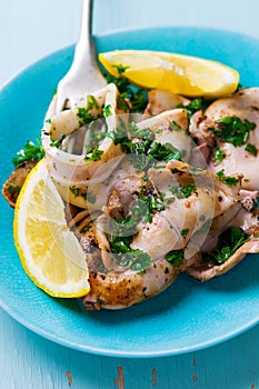 Grilled calamary a grill with parsley and a lemon