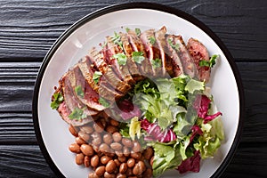 Grilled Carne Asada steak with salad and beans close-up. horizon