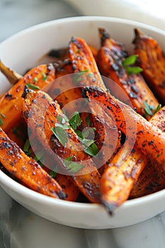 Grilled carrots with parsley in a white bowl. Close-up food photography