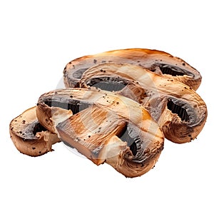 Grilled champignon mushrooms slices isolated on a white or transparent background. Grilled vegetables close-up. Eggplant