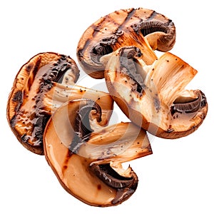 Grilled champignon mushrooms slices isolated on a white or transparent background. Grilled vegetables close-up. Eggplant