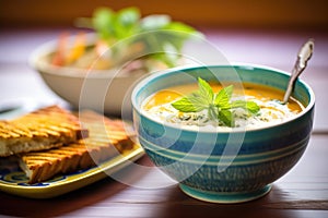 grilled cheese sandwich next to a bowl of tomato basil soup, selective focus