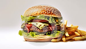 Grilled cheeseburger with fries, a classic American fast food meal generated by AI