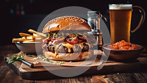 Grilled cheeseburger and fries, a classic American pub food meal generated by AI