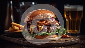 Grilled cheeseburger and fries, classic American pub food on wood generated by AI