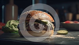 Grilled cheeseburger on rustic wooden table with French fries and salad generated by AI