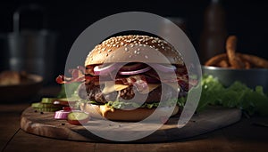 Grilled cheeseburger with tomato and onion on rustic bread bun generated by AI