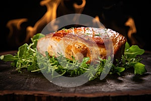 Grilled chicken breast with arugula on a black background. perfectly cooked juicy chicken breast undermines the traditional image photo