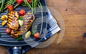 Grilled chicken breast in different variations with cherry tomat