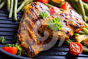 Grilled chicken breast in different variations with cherry tomat