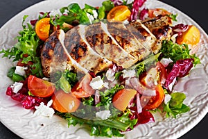 Grilled Chicken Breast fillet with fresh tomatoes vegetables salad. concept healthy food.