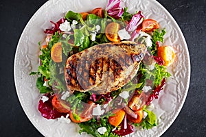 Grilled Chicken Breast fillet with fresh tomatoes vegetables salad. concept healthy food.