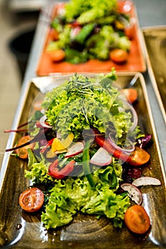 Grilled Chicken Breast fillet with fresh tomatoes vegetables salad. concept healthy food made by cook in the kitchen