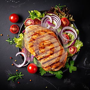 Grilled chicken breast. Fried chicken fillet with fresh vegetable salad of tomatoes, red onions and lettuce. Top view. Generative