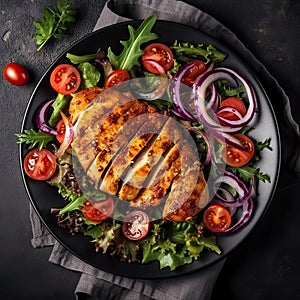 Grilled chicken breast. Fried chicken fillet with fresh vegetable salad of tomatoes, red onions and lettuce. Top view. Generative