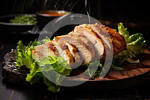 Grilled chicken breast with lettuce and sauce on a wooden board. perfectly cooked juicy chicken breast undermines the traditional photo
