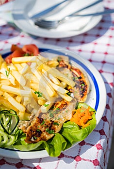 Grilled chicken breast meal with fries