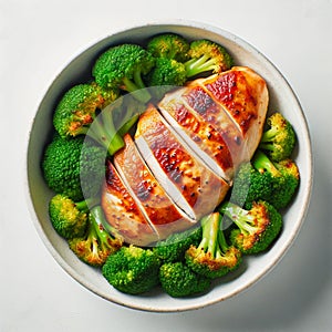 Grilled chicken breast sliced and served with broccoli on a plate