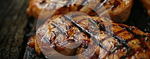 Grilled chicken breasts with grill marks on wooden background