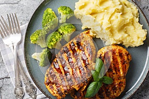 Grilled chicken with broccoli and mashed potatoes closeup on the plate. Horizontal top view