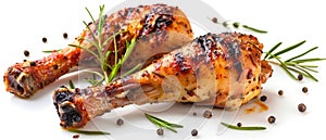 Grilled chicken drumsticks seasoned with spices and garnished with rosemary and peppercorns on a white surface.
