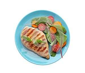 Grilled chicken fillet with green basil and vegetables isolated on white, top view