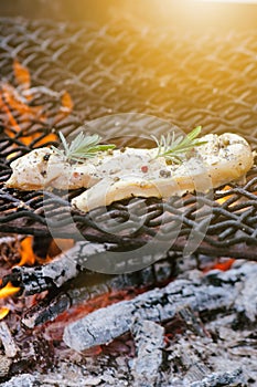 Grilled chicken fillets on a grill with spice and herbs. Marinated chicken breast on flaming grill with vegetables. Healthy food.