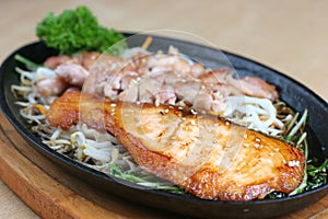 Grilled chicken and fish in terriyaki sauce